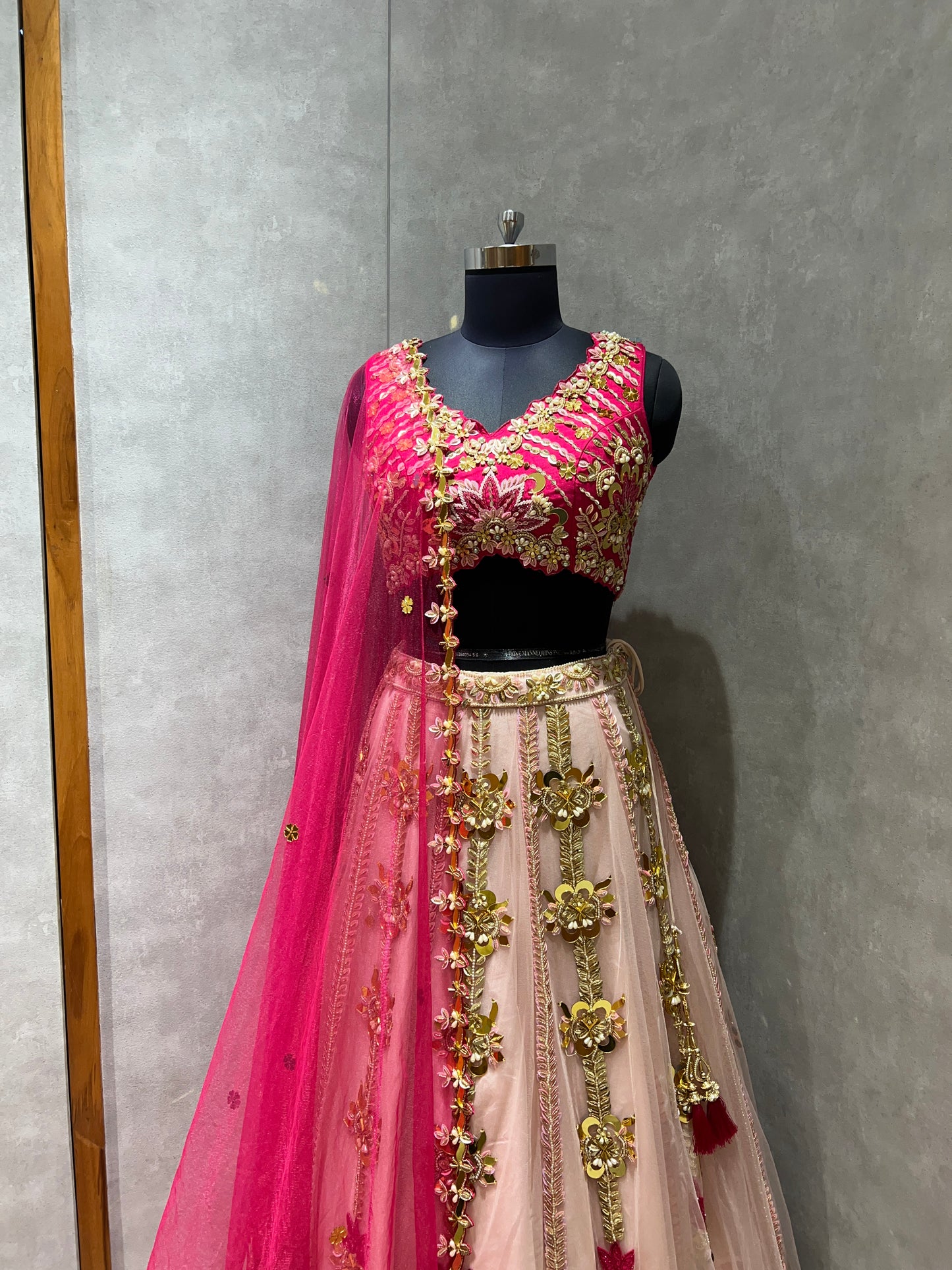 Pink and Peach Fusion Lehenga with Floral Appliqué & Mirror Work