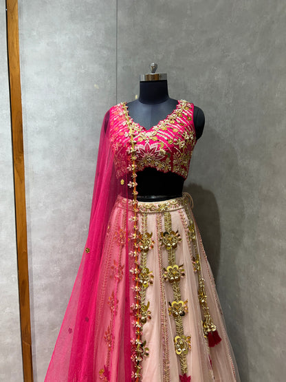 Pink and Peach Fusion Lehenga with Floral Appliqué & Mirror Work