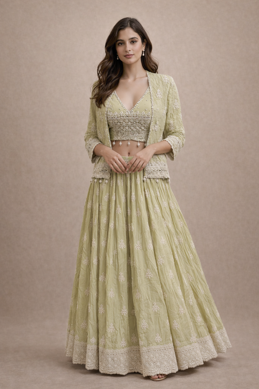 Pista Green and Ivory Embroidered Lehenga Choli with Jacket