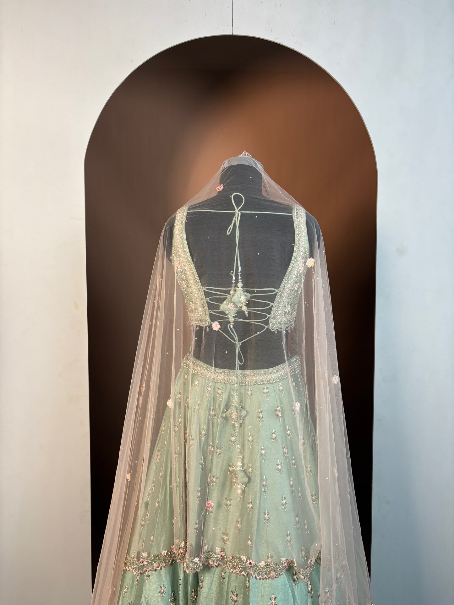 Pistachio Green Heavy Embroidered Net Lehenga Set