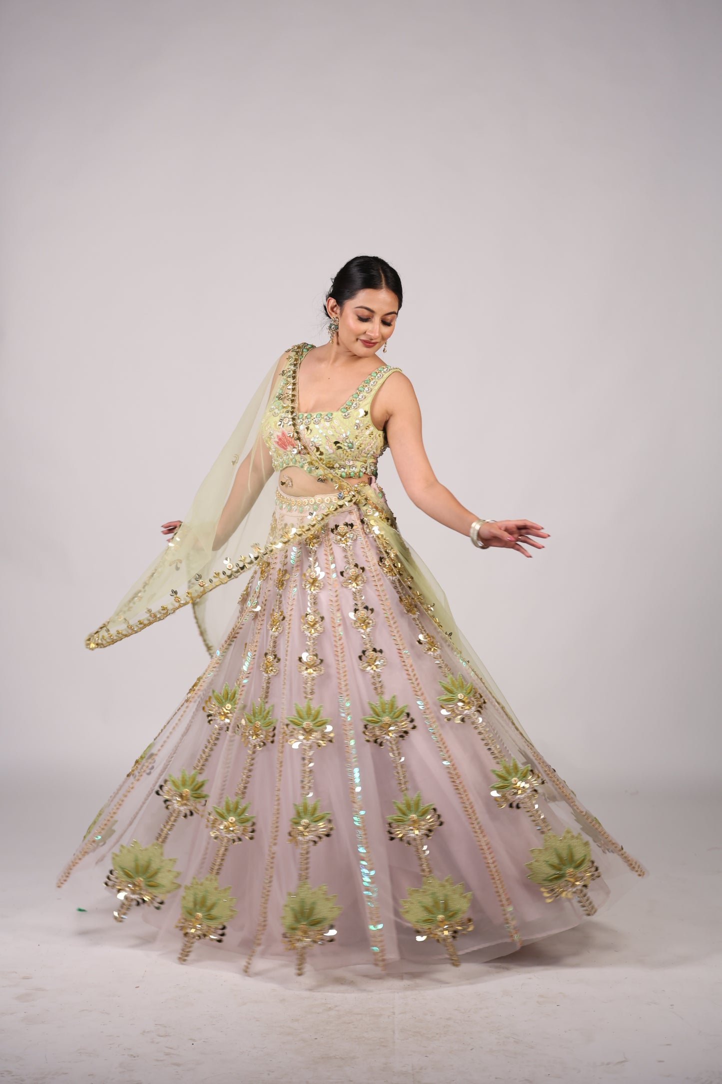 Pistachio Green & Blush Pink Hand-Embroidered Festive Lehenga Choli