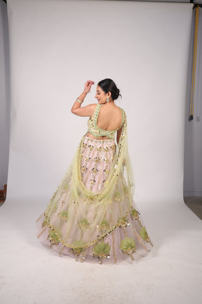Pistachio Green & Blush Pink Hand-Embroidered Festive Lehenga Choli