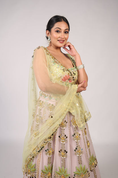 Pistachio Green & Blush Pink Hand-Embroidered Festive Lehenga Choli