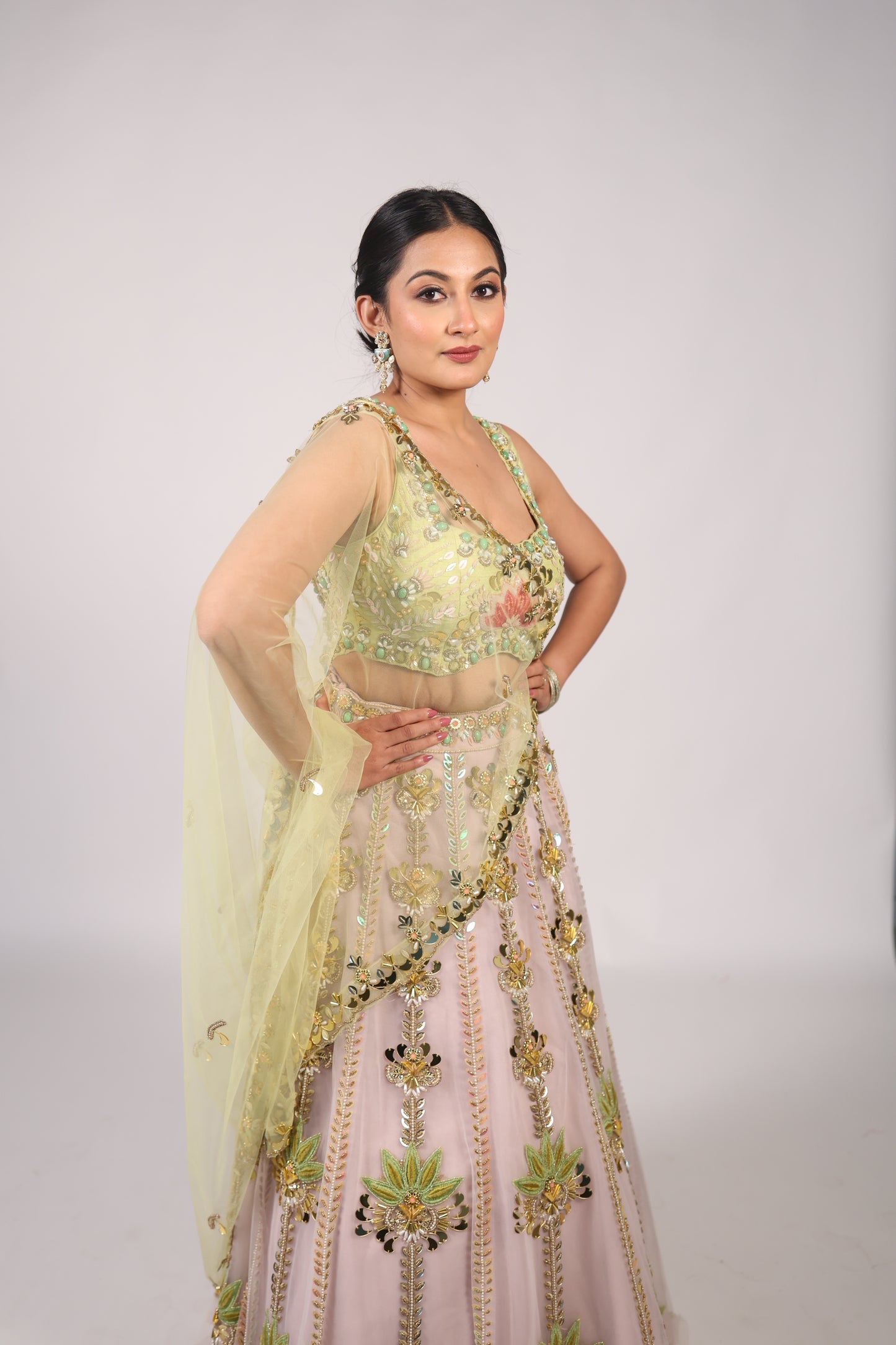 Pistachio Green & Blush Pink Hand-Embroidered Festive Lehenga Choli