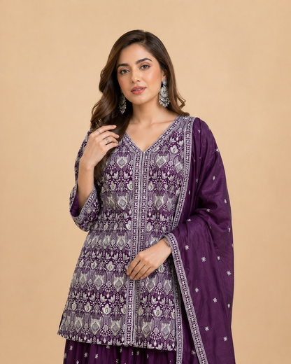 Plum Purple Embroidered Lehenga Set with Intricate Silver Threadwork Jacket Style Choli