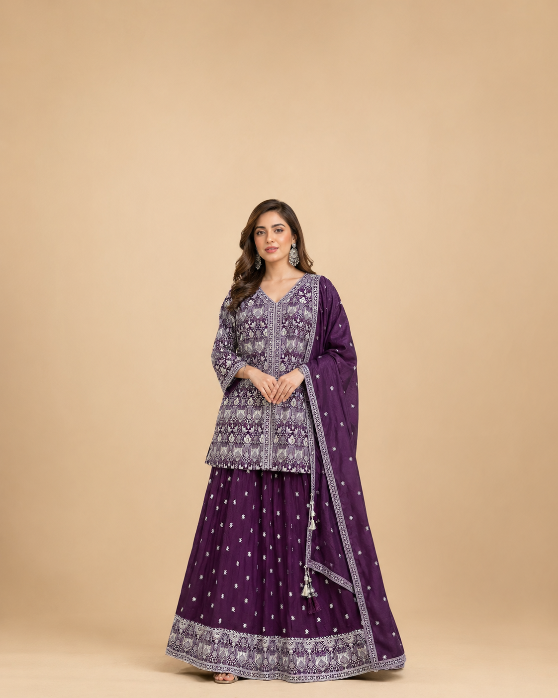 Plum Purple Embroidered Lehenga Set with Intricate Silver Threadwork Jacket Style Choli