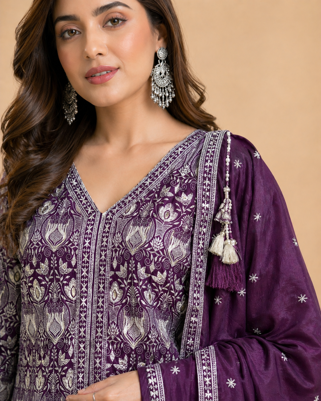 Plum Purple Embroidered Lehenga Set with Intricate Silver Threadwork Jacket Style Choli