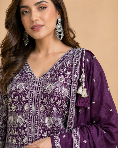 Plum Purple Embroidered Lehenga Set with Intricate Silver Threadwork Jacket Style Choli