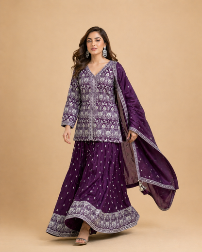Plum Purple Embroidered Lehenga Set with Intricate Silver Threadwork Jacket Style Choli