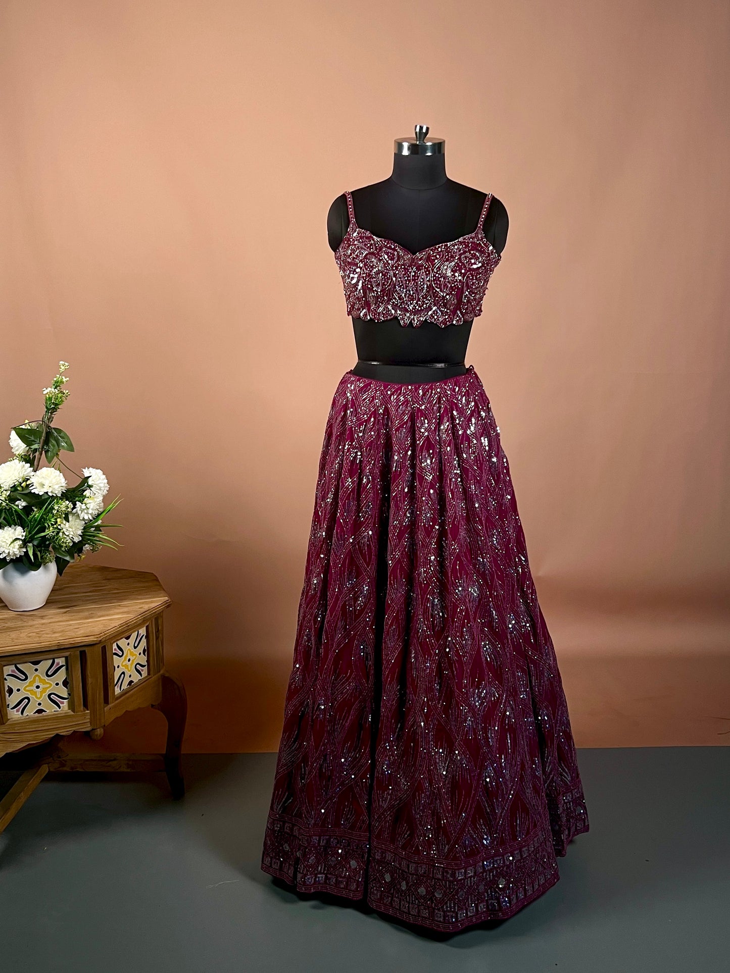 Plum Sequin Embroidered Designer Lehenga Set