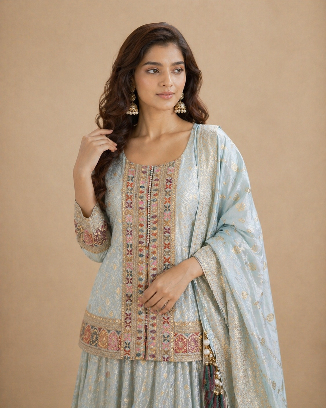 Powder Blue Embroidered Lehenga Set with Jacket Style Blouse and Woven Dupatta