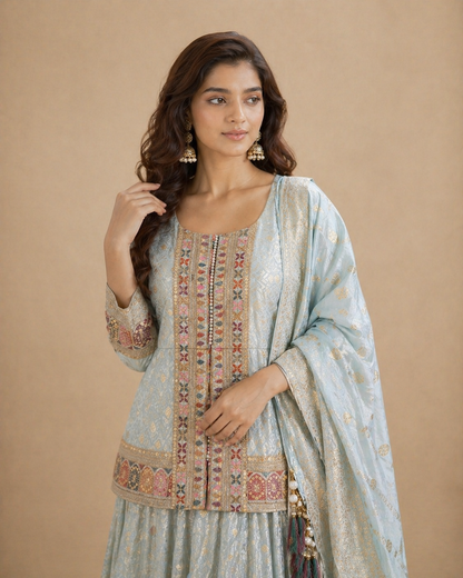 Powder Blue Embroidered Lehenga Set with Jacket Style Blouse and Woven Dupatta
