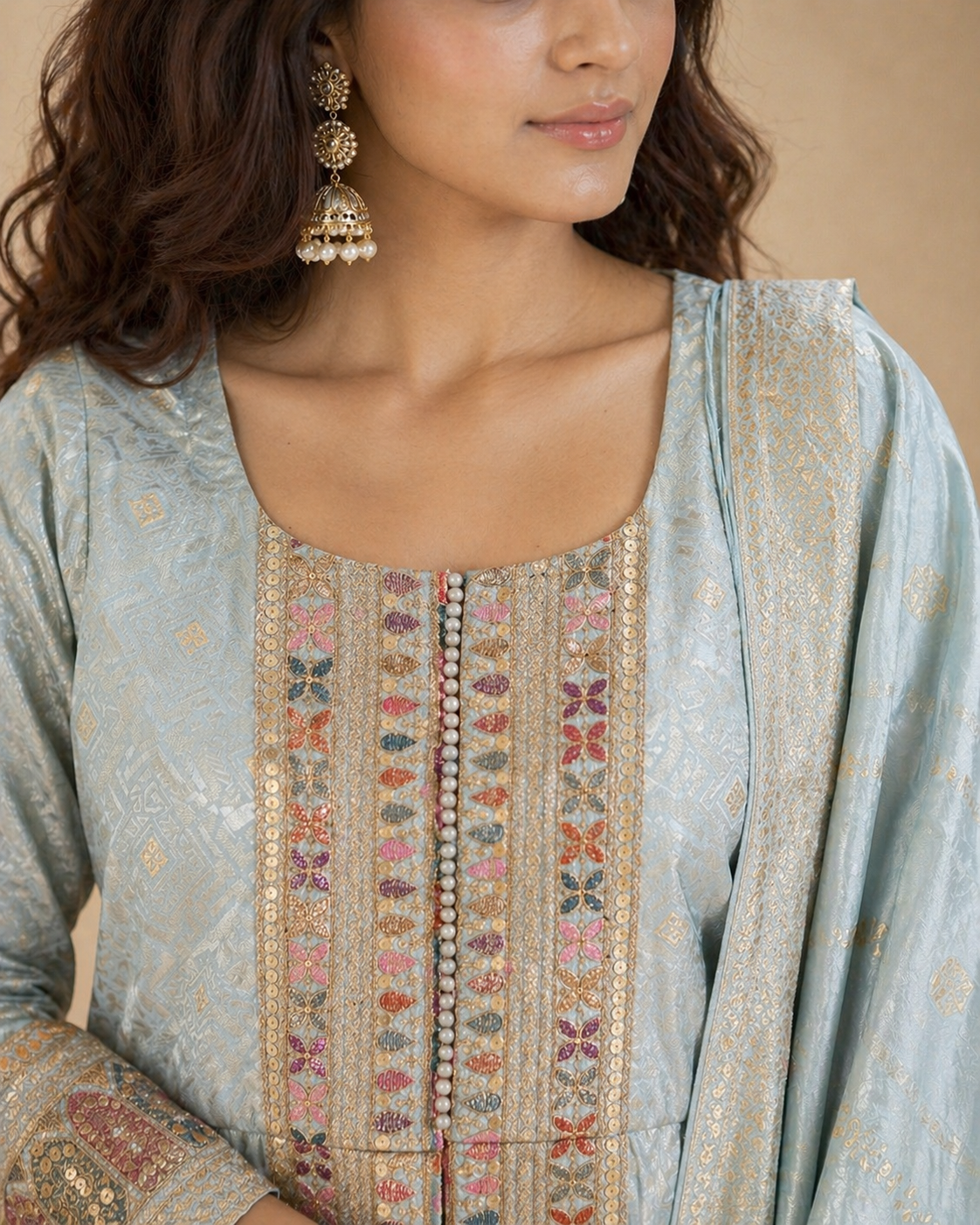 Powder Blue Embroidered Lehenga Set with Jacket Style Blouse and Woven Dupatta