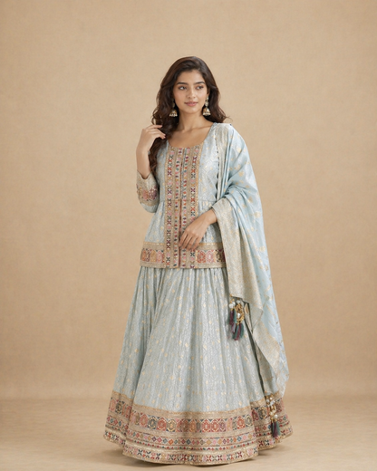Powder Blue Embroidered Lehenga Set with Jacket Style Blouse and Woven Dupatta