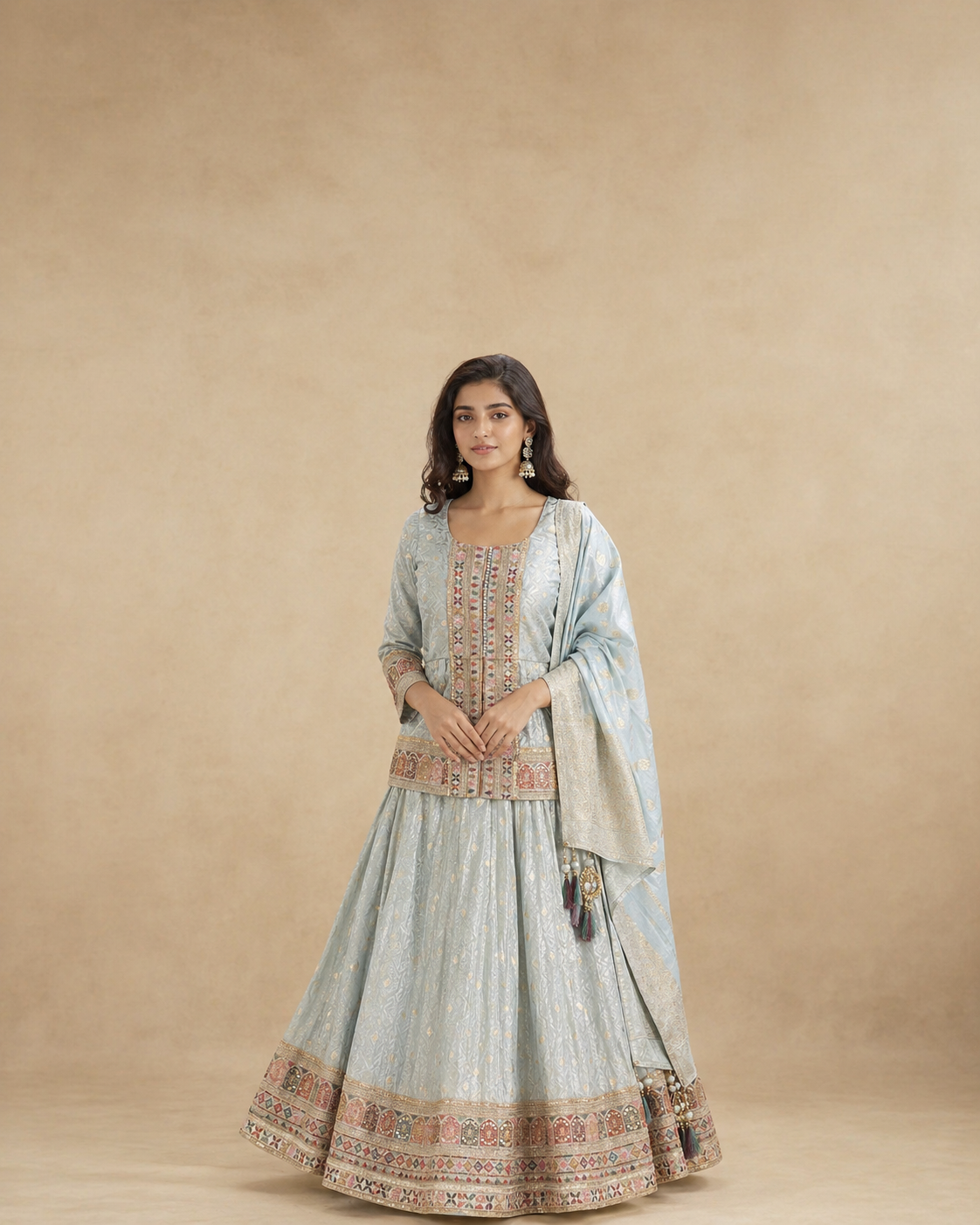 Powder Blue Embroidered Lehenga Set with Jacket Style Blouse and Woven Dupatta