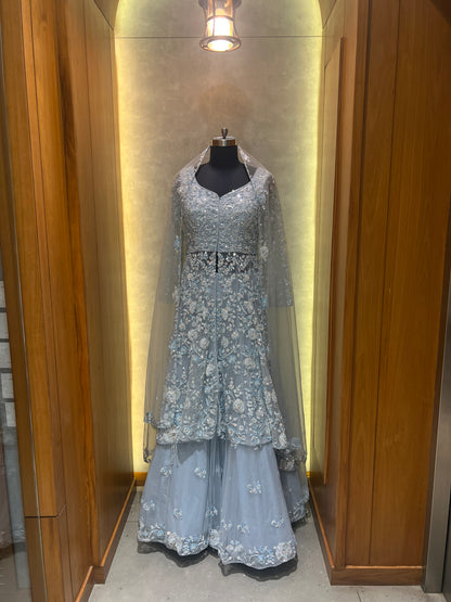 Powder Blue Embroidered Sharara Set with Net Dupatta