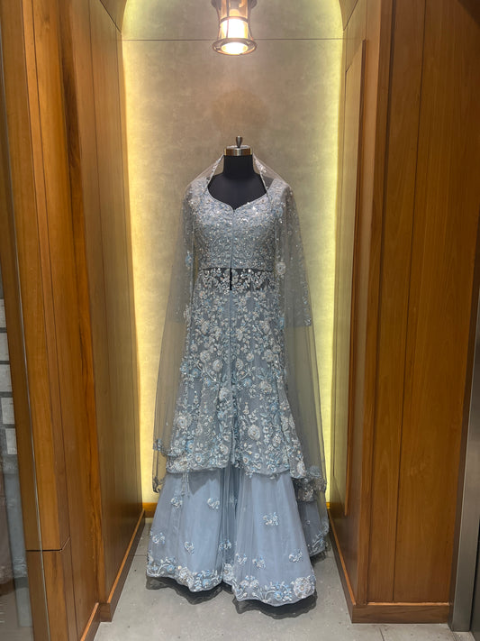 Powder Blue Embroidered Sharara Set with Net Dupatta