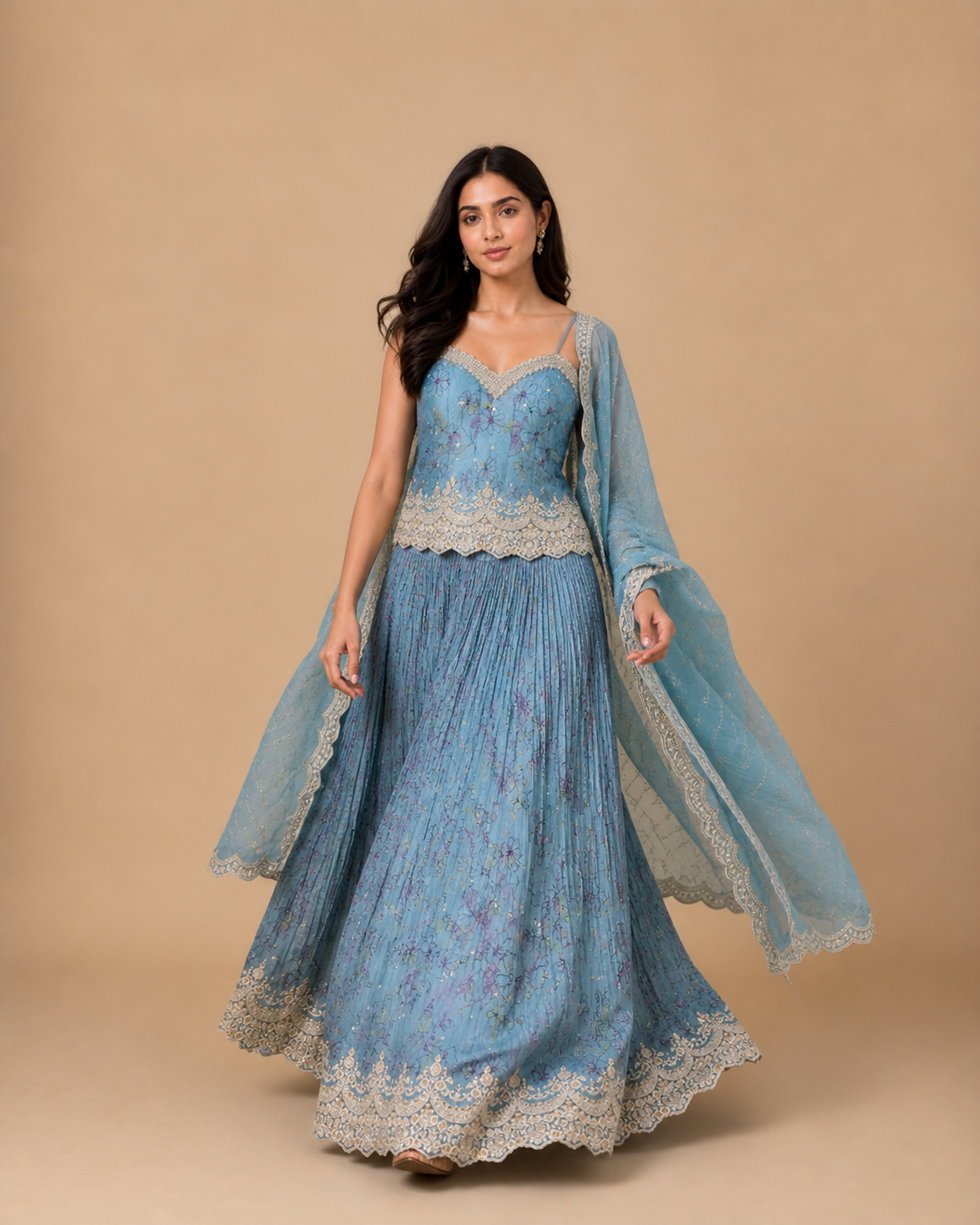 Powder Blue Floral Embroidered Pre-Draped Lehenga Set