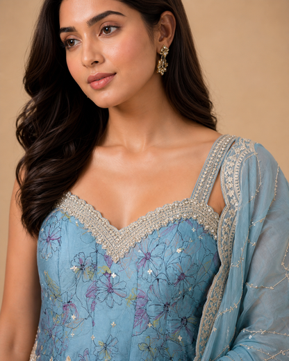 Powder Blue Floral Embroidered Pre-Draped Lehenga Set