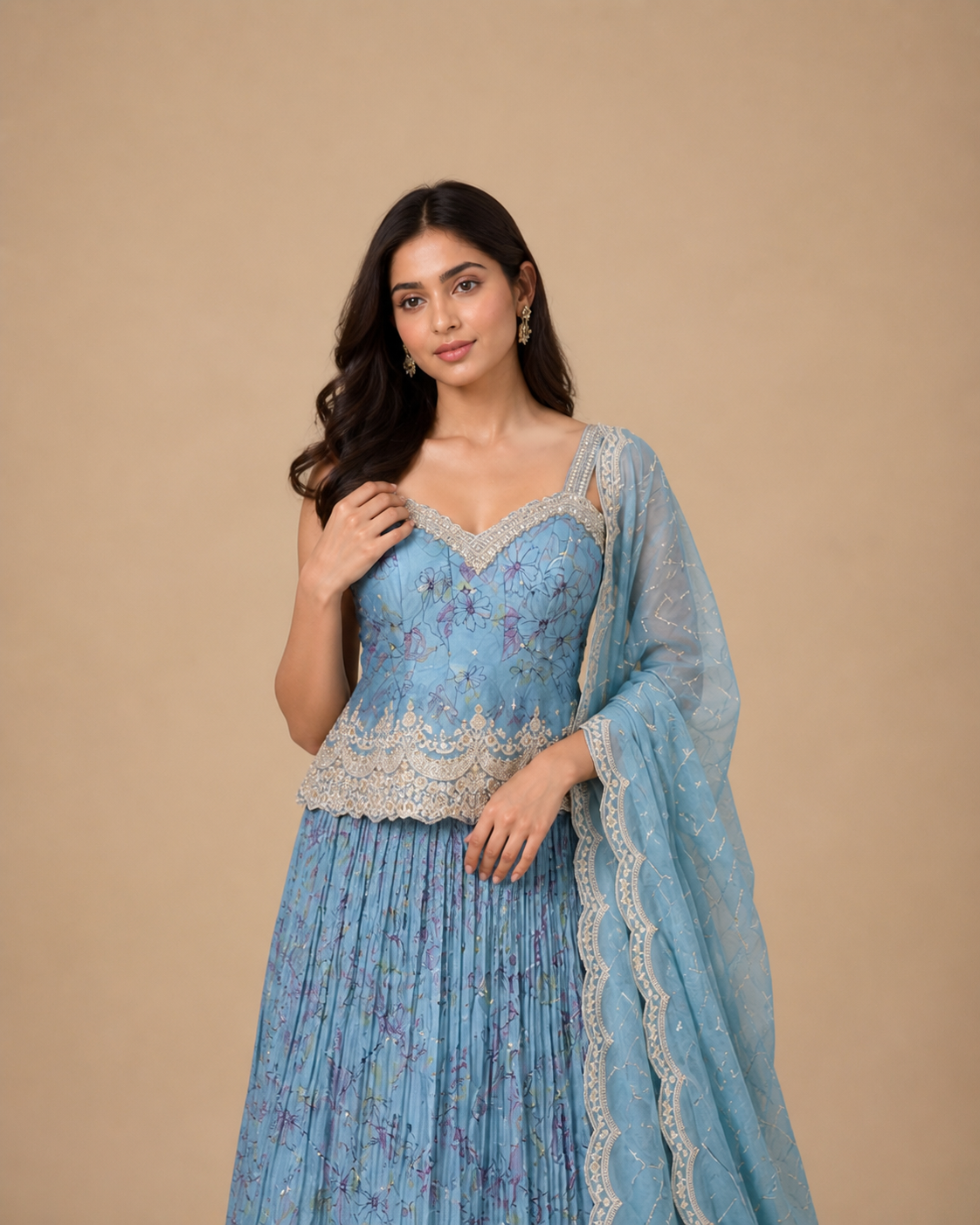 Powder Blue Floral Embroidered Pre-Draped Lehenga Set