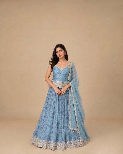 Powder Blue Floral Embroidered Pre-Draped Lehenga Set