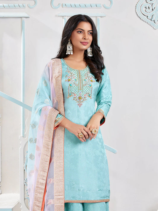 Powder Blue Jacquard Sharara Se