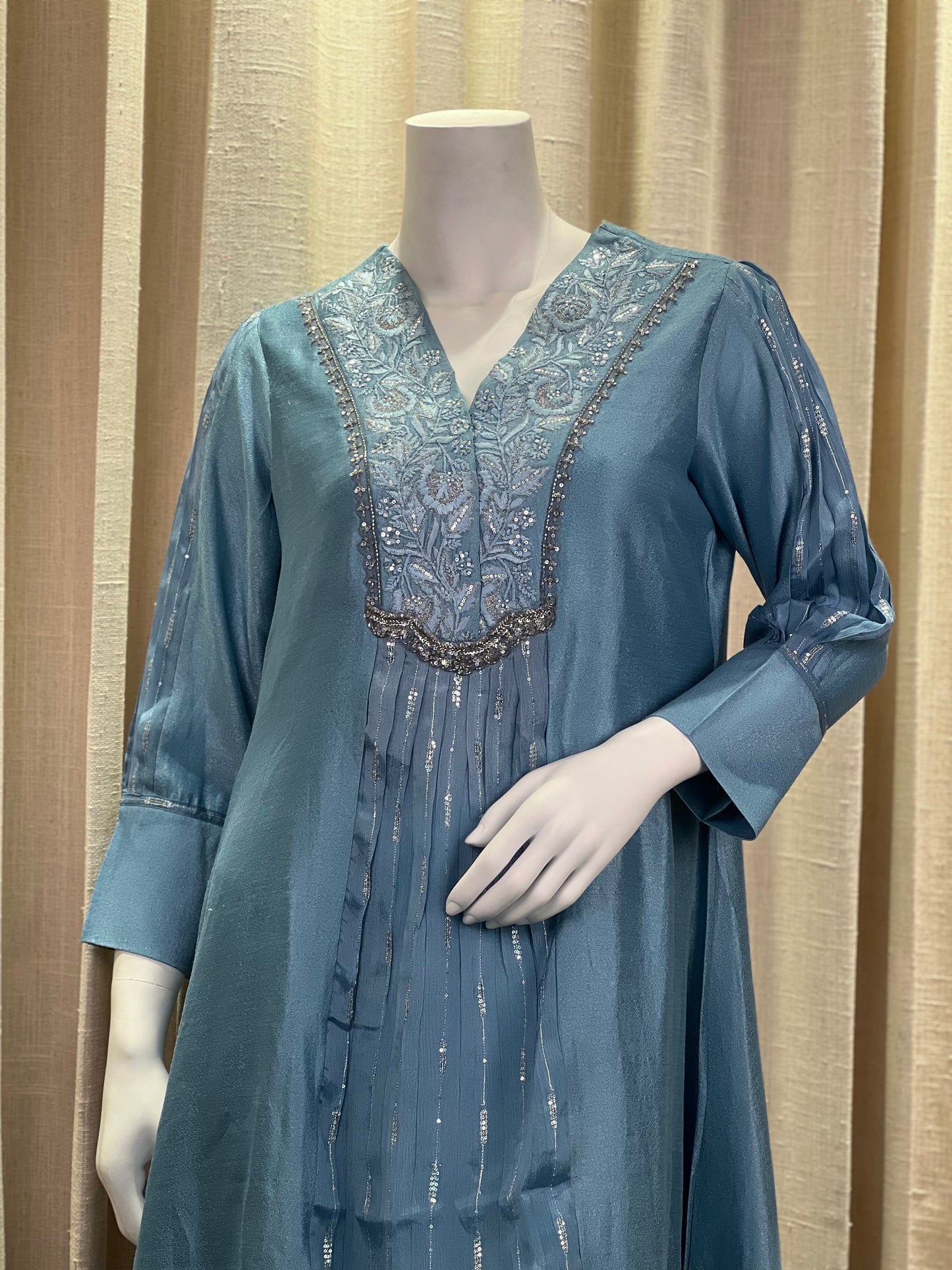 Powder Blue Kurti Set with Sequin Work and Embroidered Organza Dupatta