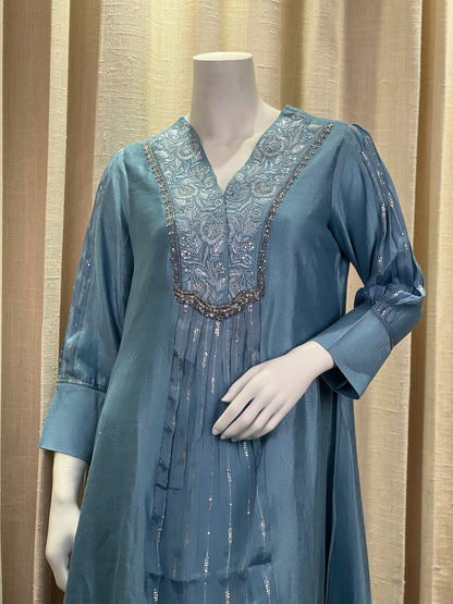 Powder Blue Kurti Set with Sequin Work and Embroidered Organza Dupatta