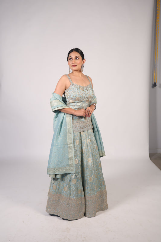 Powder Blue & Antique Gold Hand-Embroidered Festive Lehenga Set