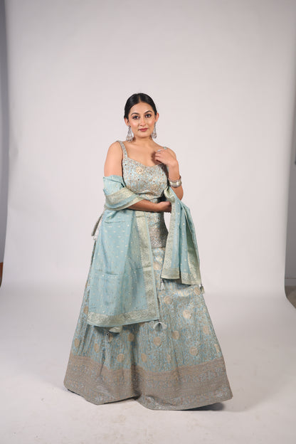 Powder Blue & Antique Gold Hand-Embroidered Festive Lehenga Set
