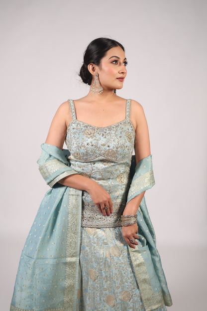 Powder Blue & Antique Gold Hand-Embroidered Festive Lehenga Set