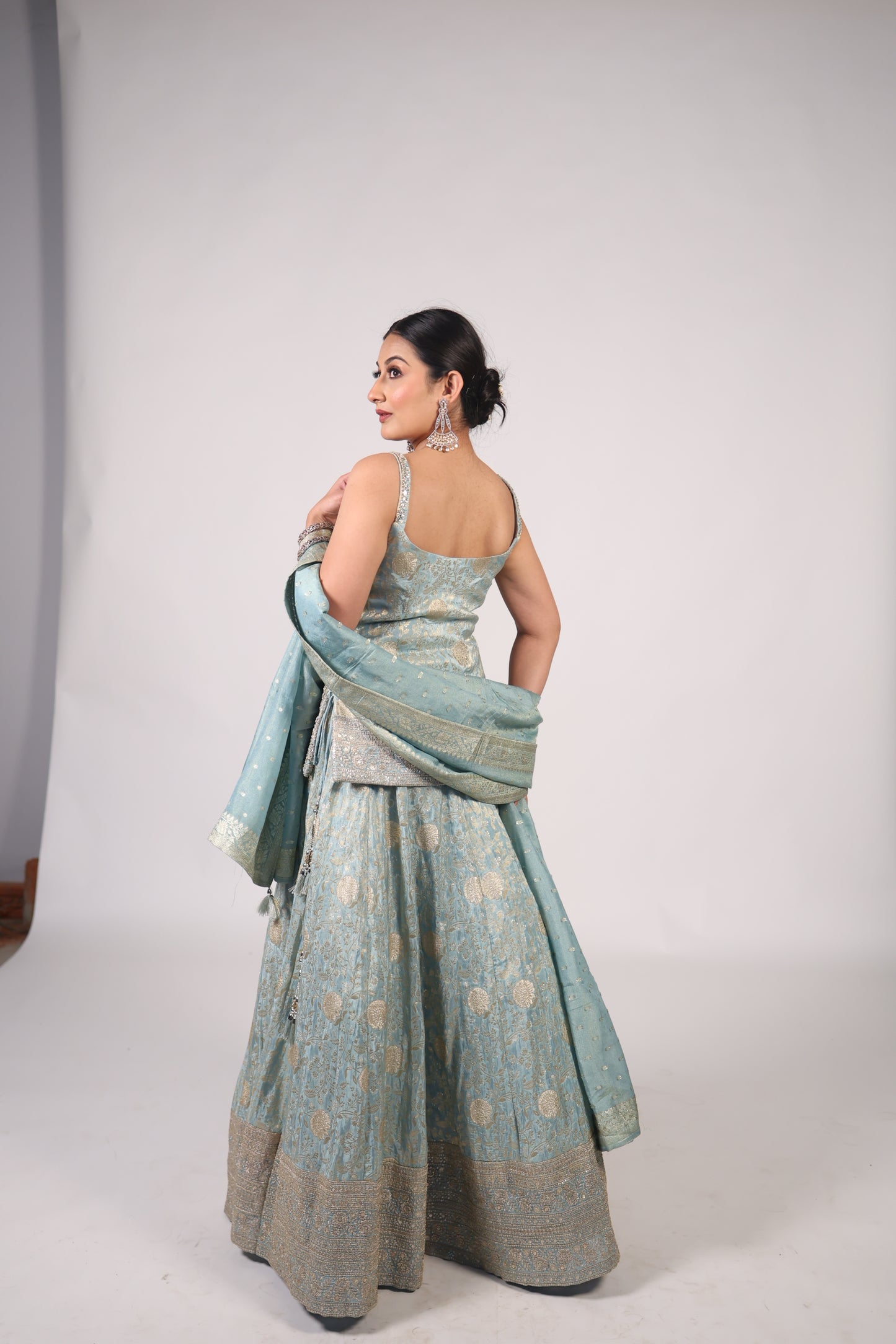 Powder Blue & Antique Gold Hand-Embroidered Festive Lehenga Set