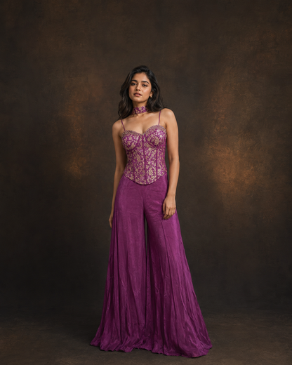 Purple Embroidered Corset Style Indo Western Palazzo Set with Floral Zari Work and Choker