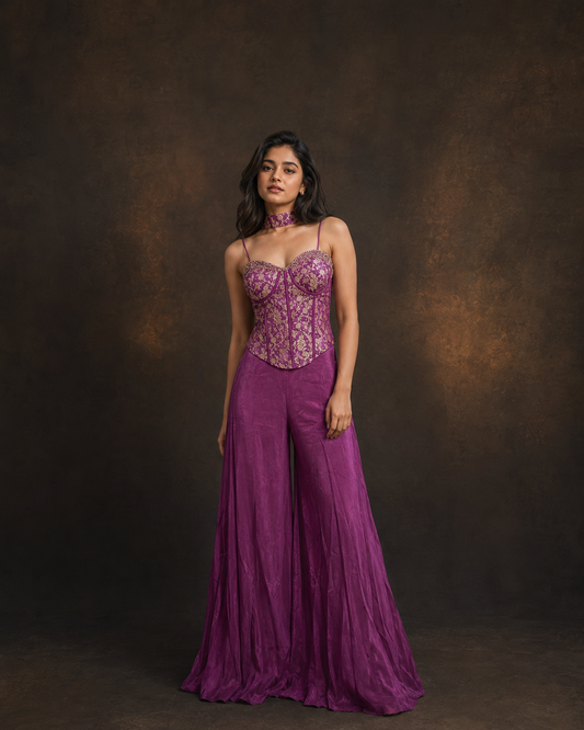 Purple Embroidered Corset Style Indo Western Palazzo Set with Floral Zari Work and Choker