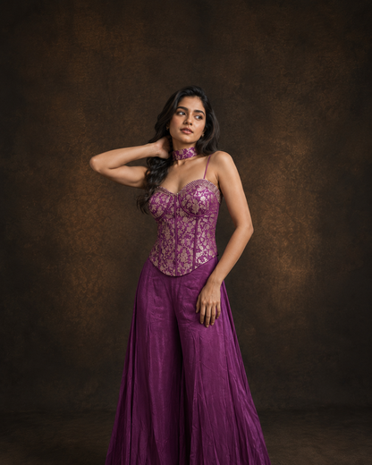 Purple Embroidered Corset Style Indo Western Palazzo Set with Floral Zari Work and Choker