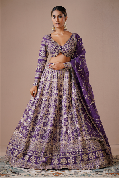 Purple Violet Silk Embroidered Lehenga Set