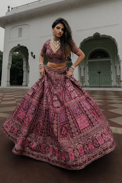 Purple Zardosi Embroidered Crepe Reception Lehenga