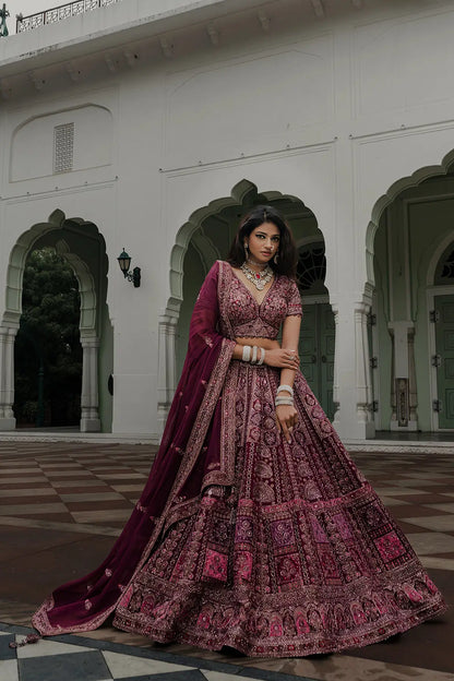 Purple Zardosi Embroidered Crepe Reception Lehenga