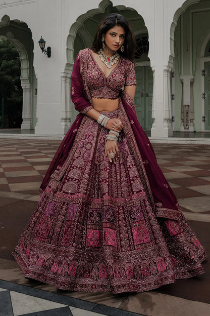 Purple Zardosi Embroidered Crepe Reception Lehenga