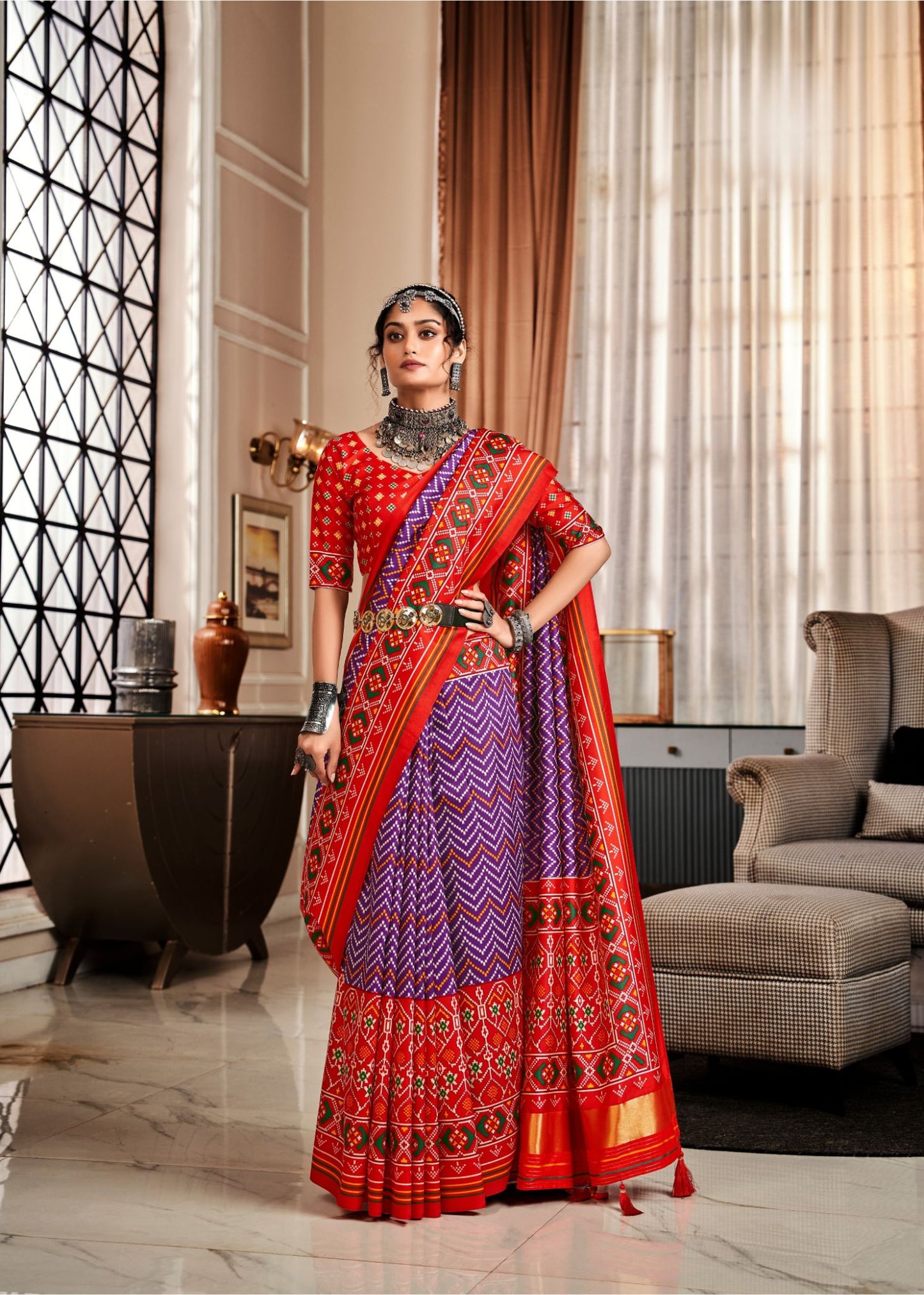 Purple & Red Tusser Patola Printed Silk Saree