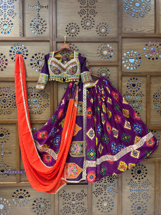 Purple and Orange Gujarati Navratri Chaniya Choli with Mirror and Thread Work