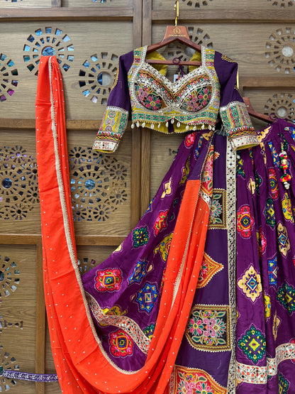 Purple and Orange Gujarati Navratri Chaniya Choli with Mirror and Thread Work