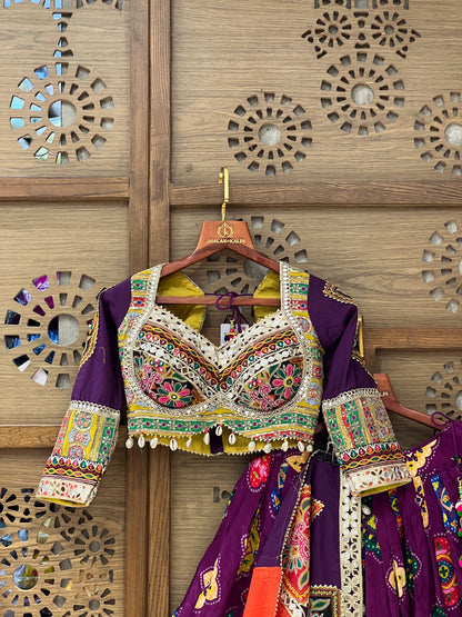 Purple and Orange Gujarati Navratri Chaniya Choli with Mirror and Thread Work