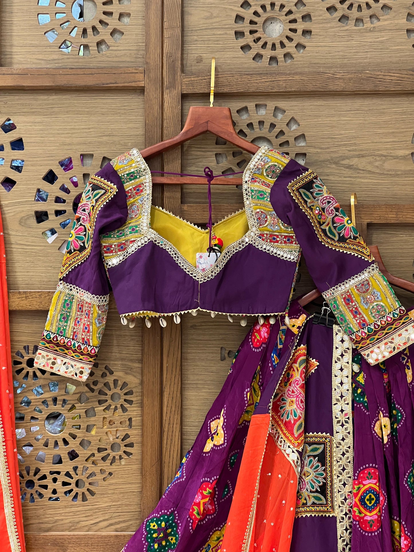 Purple and Orange Gujarati Navratri Chaniya Choli with Mirror and Thread Work