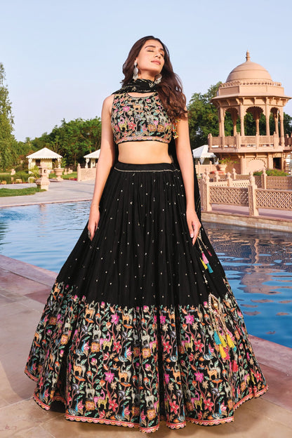 Rajwadi Black Chaniya Choli with Kutchi Bharat and Vanaspati Motifs