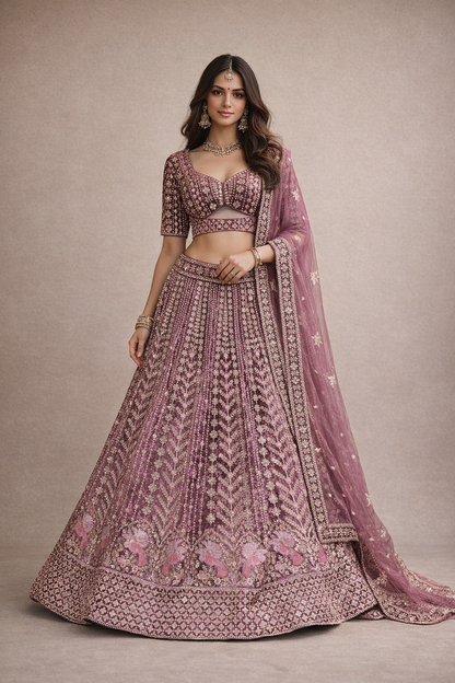Rani Mauve Designer Lehenga with Zari, Sequin & Floral Embroidery