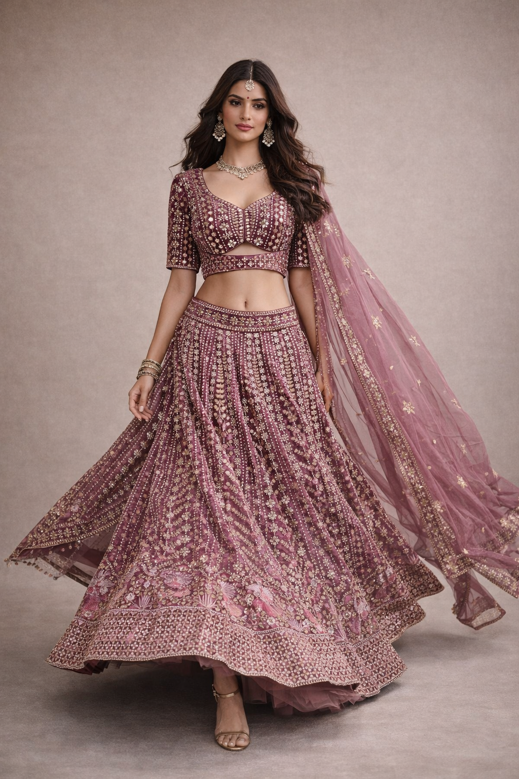 Rani Mauve Designer Lehenga with Zari, Sequin & Floral Embroidery