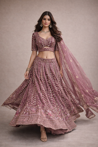Rani Mauve Designer Lehenga with Zari, Sequin & Floral Embroidery