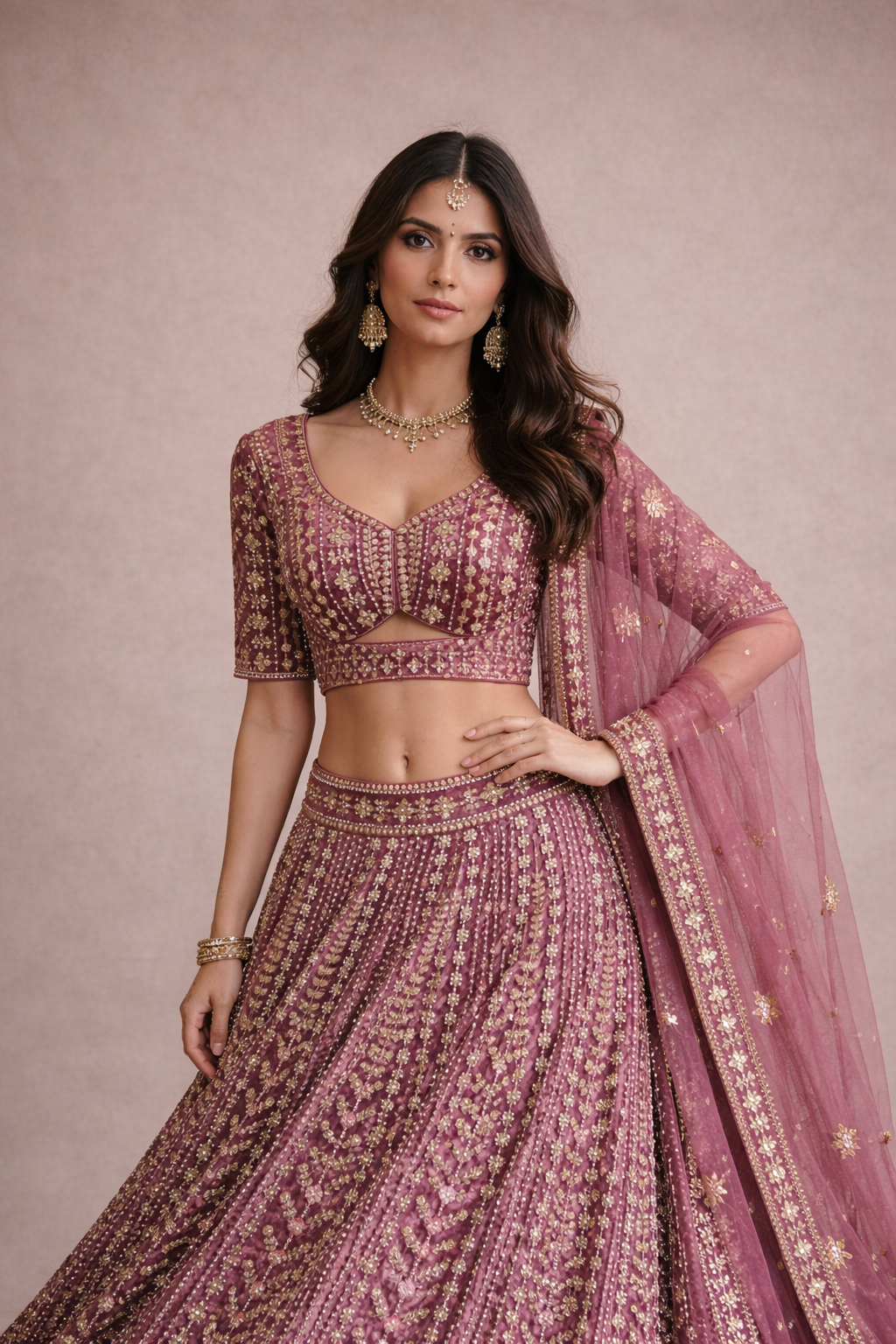 Rani Mauve Designer Lehenga with Zari, Sequin & Floral Embroidery