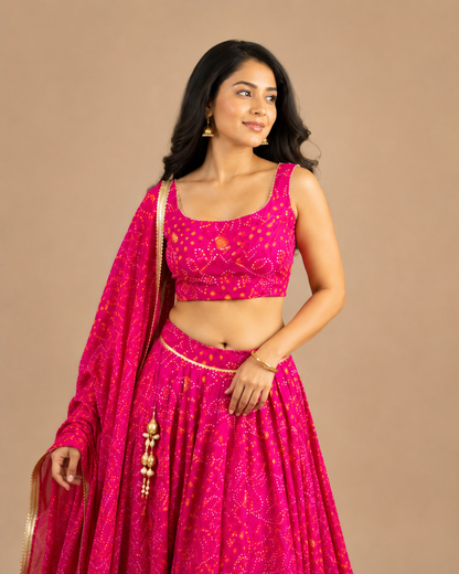 Rani Pink Bandhani Print Chaniya Choli with Dupatta